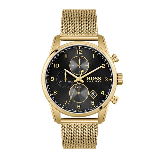 MENS SKYMASTER GOLD-TONE STAINLESS STEEL MESH WATCH BLACK DIAL