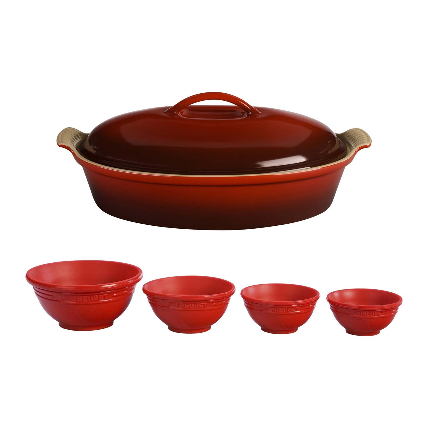 4QT HERITAGE STONEWARE COVERED OVAL CASSEROLE W/ PREP BOWLS CERISE